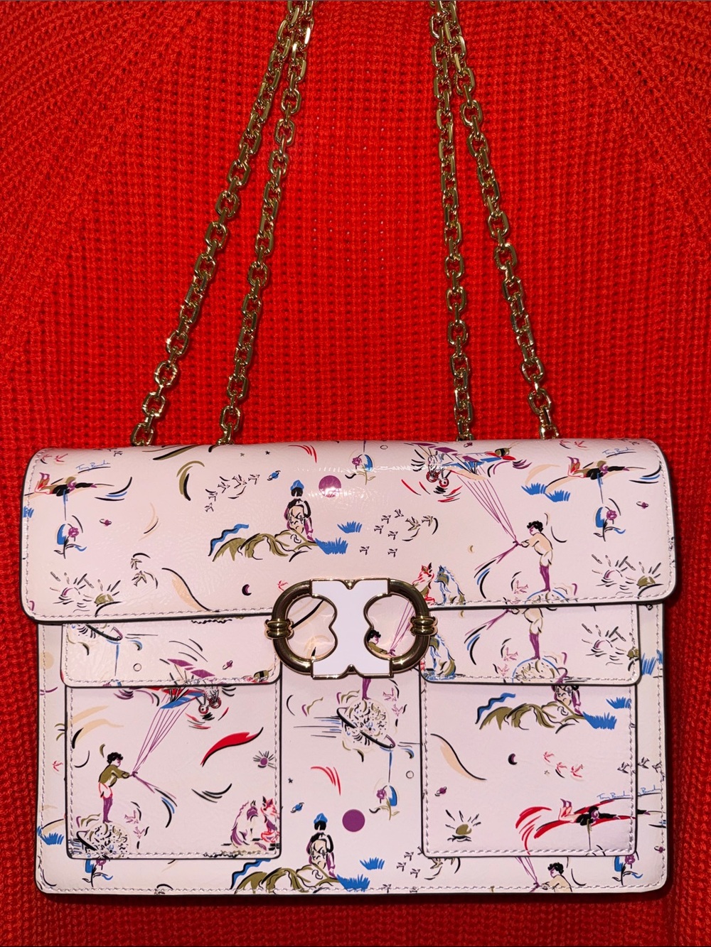 Tory Burch Pink Floral-Print Shoulder Bag with Gold Chain